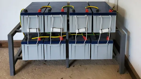 Bank of eight deep-cycle solar batteries wired together on a steel rack in a Kenyan solar installation